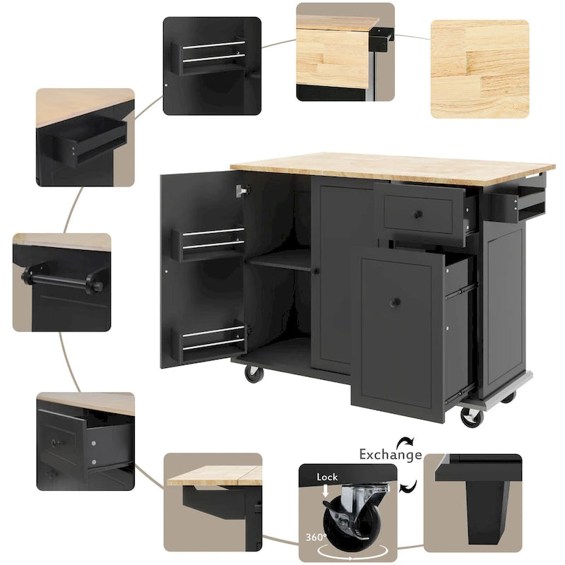 Îlot de cuisine roulant avec abattant et armoire coulissante à 3 niveaux