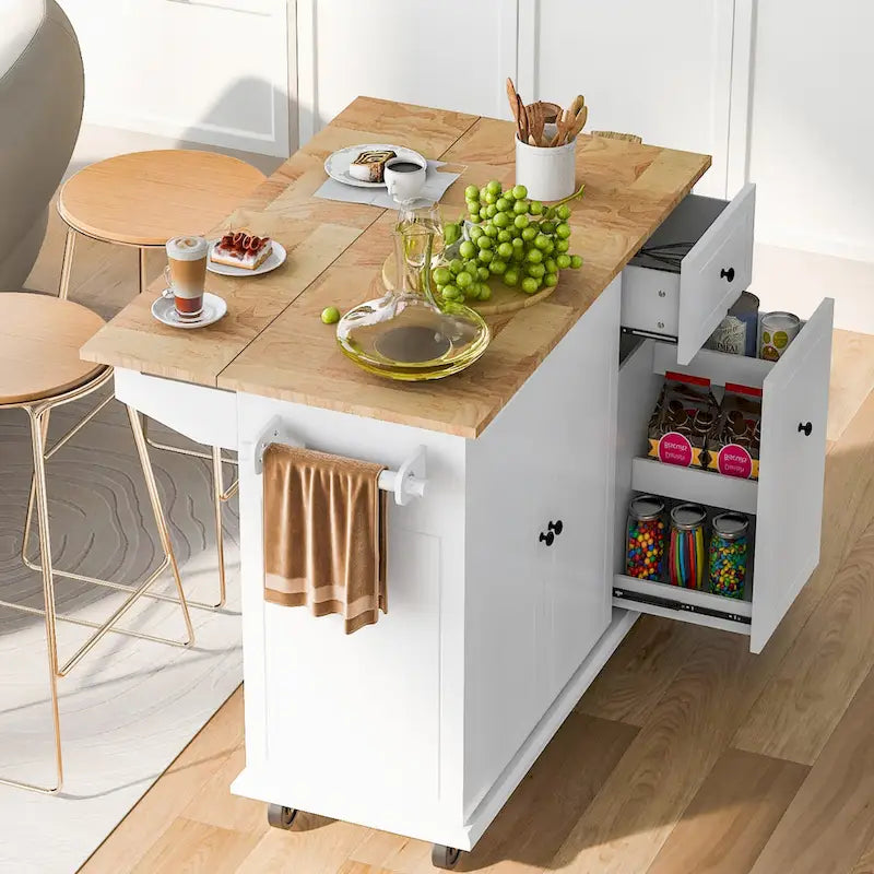 Îlot de cuisine roulant avec abattant et armoire coulissante à 3 niveaux
