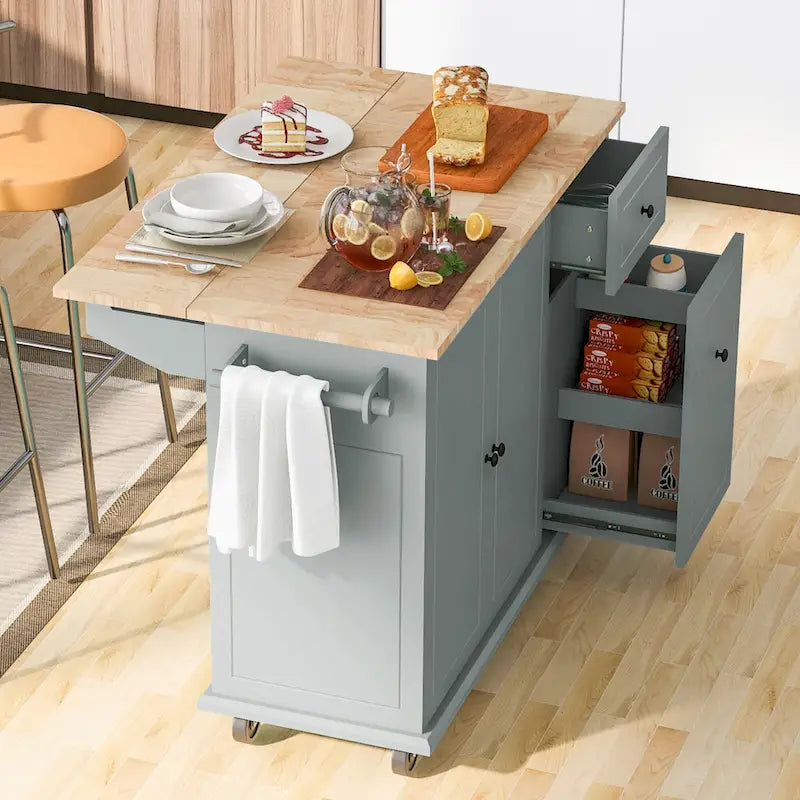 Îlot de cuisine roulant avec abattant et armoire coulissante à 3 niveaux