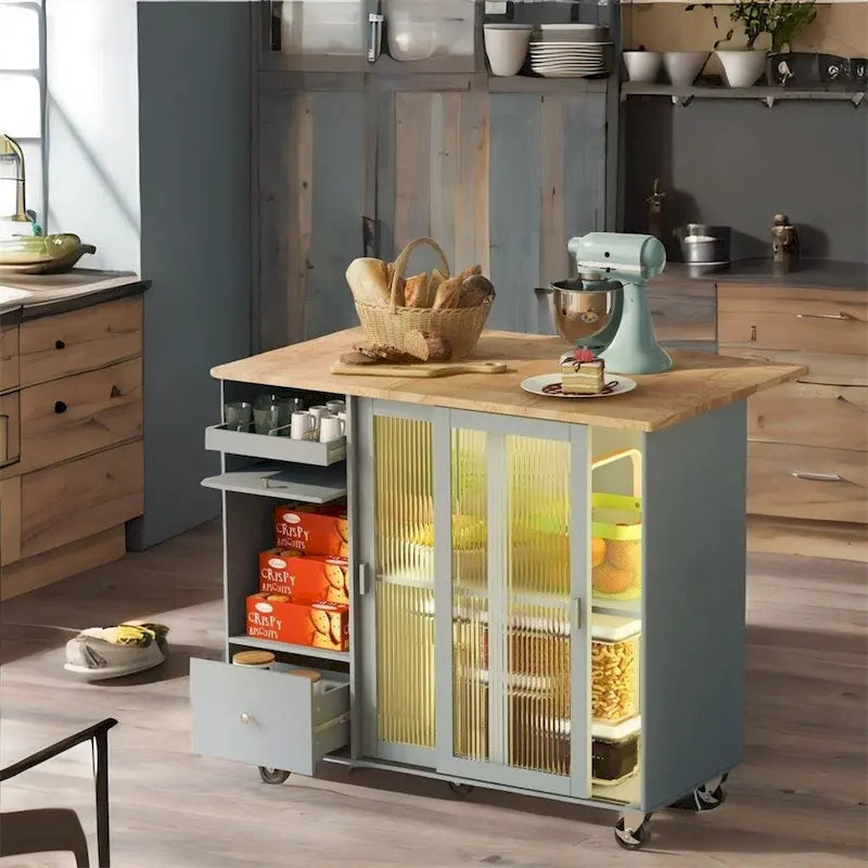 Îlot de cuisine avec abattant, chariot de cuisine à roulettes avec éclairage LED