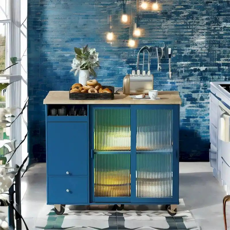 Îlot de cuisine avec abattant, chariot de cuisine à roulettes avec éclairage LED