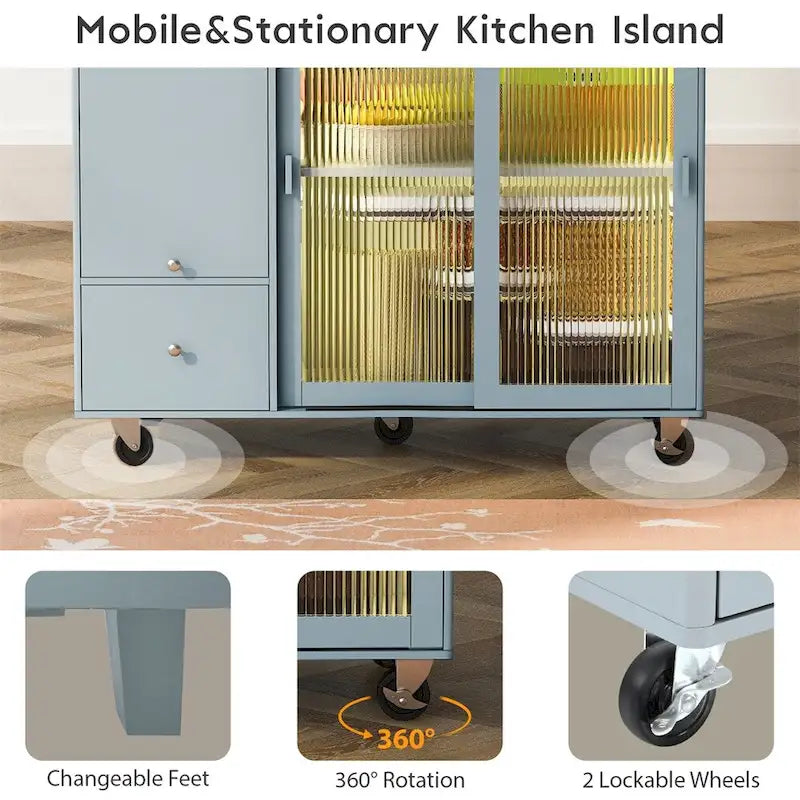 Îlot de cuisine avec abattant, chariot de cuisine à roulettes avec éclairage LED