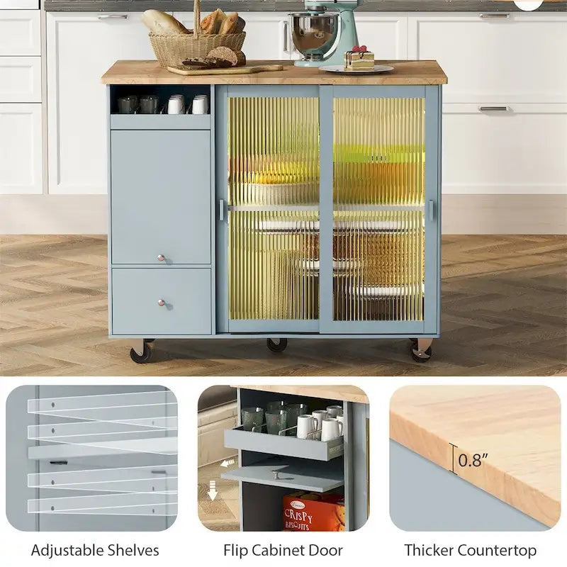Îlot de cuisine avec abattant, chariot de cuisine à roulettes avec éclairage LED