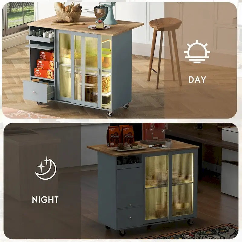 Îlot de cuisine avec abattant, chariot de cuisine à roulettes avec éclairage LED