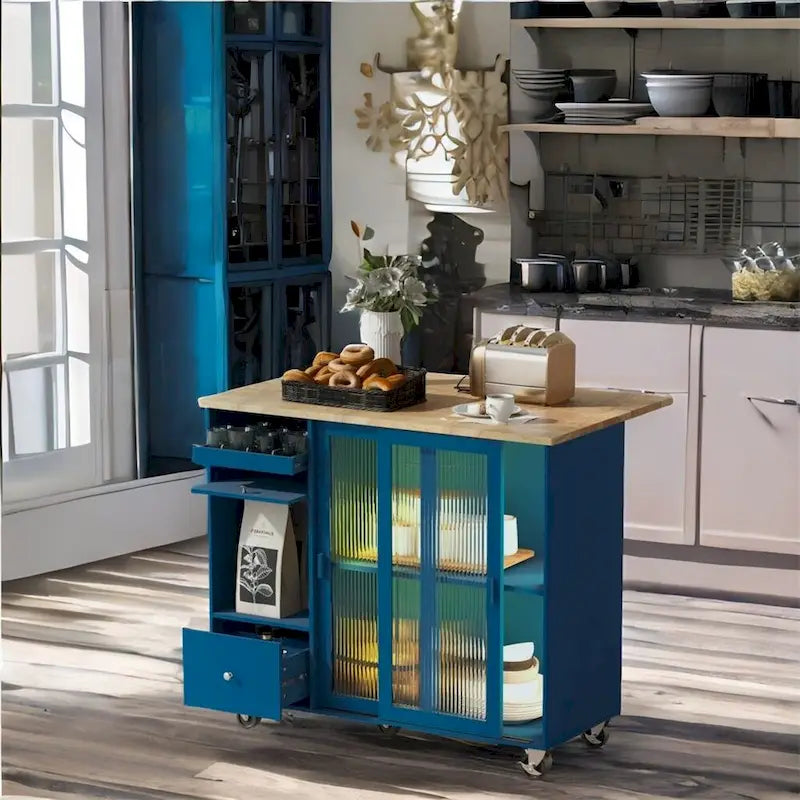 Îlot de cuisine avec abattant, chariot de cuisine à roulettes avec éclairage LED