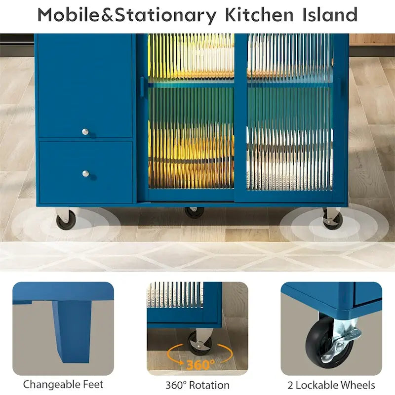 Îlot de cuisine avec abattant, chariot de cuisine à roulettes avec éclairage LED