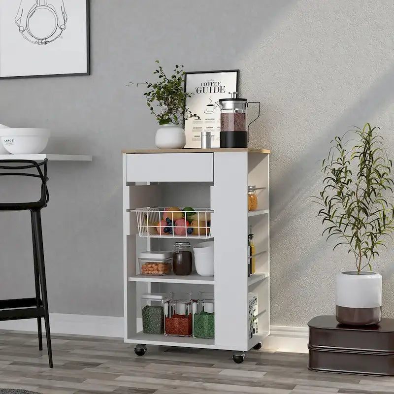 Desserte de cuisine, salle à manger, salon, blanc / chêne clair