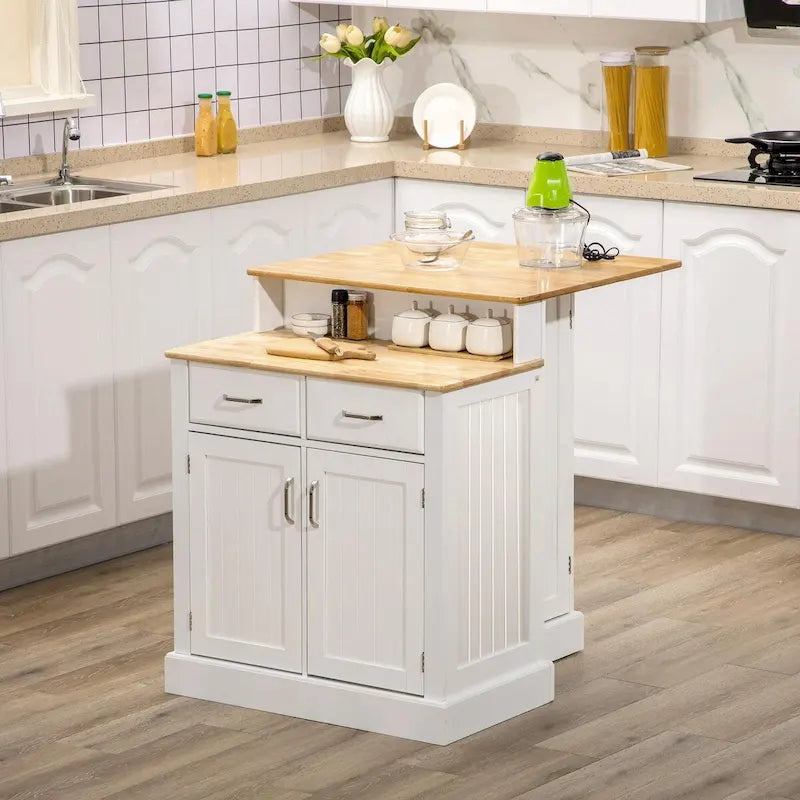 Îlot de cuisine avec armoire de rangement, plateau en bois d'hévéa à 2 niveaux, étagères réglables et tiroirs