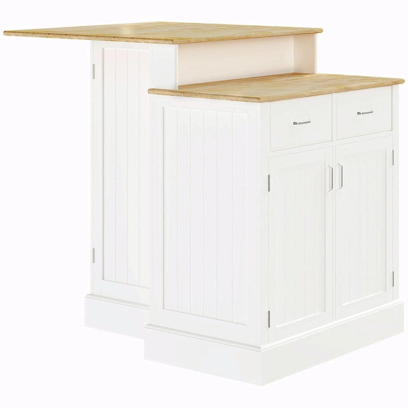 Îlot de cuisine avec armoire de rangement, plateau en bois d'hévéa à 2 niveaux, étagères réglables et tiroirs