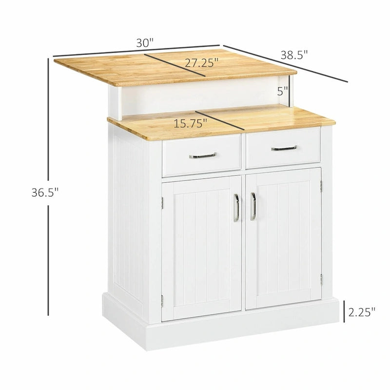 Îlot de cuisine avec armoire de rangement, plateau en bois d'hévéa à 2 niveaux, étagères réglables et tiroirs