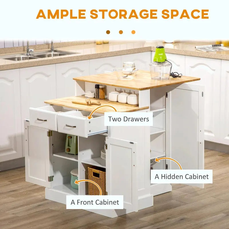Îlot de cuisine avec armoire de rangement, plateau en bois d'hévéa à 2 niveaux, étagères réglables et tiroirs