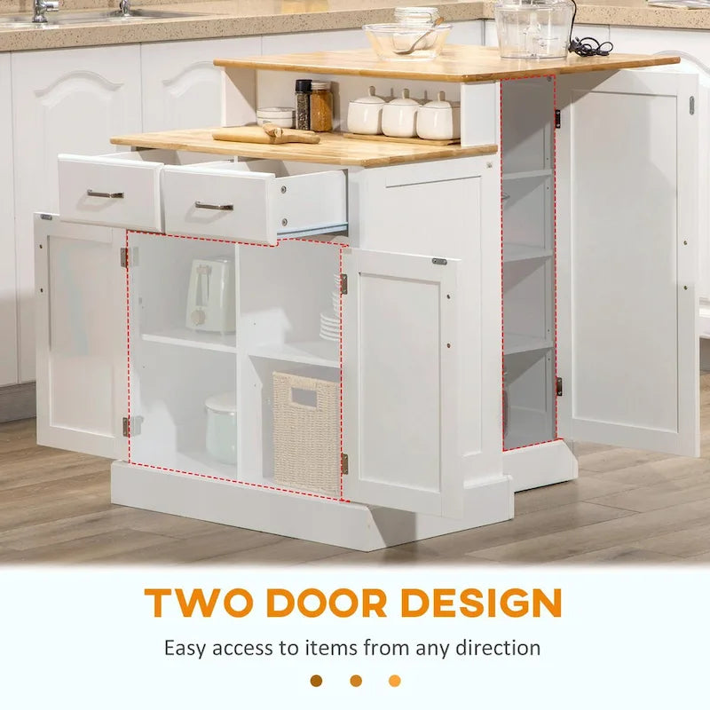 Îlot de cuisine avec armoire de rangement, plateau en bois d'hévéa à 2 niveaux, étagères réglables et tiroirs