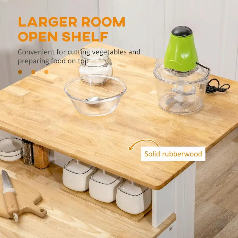 Îlot de cuisine avec armoire de rangement, plateau en bois d'hévéa à 2 niveaux, étagères réglables et tiroirs