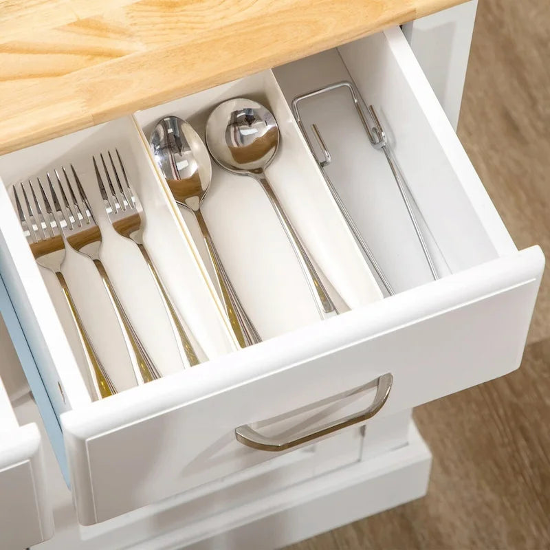 Îlot de cuisine avec armoire de rangement, plateau en bois d'hévéa à 2 niveaux, étagères réglables et tiroirs