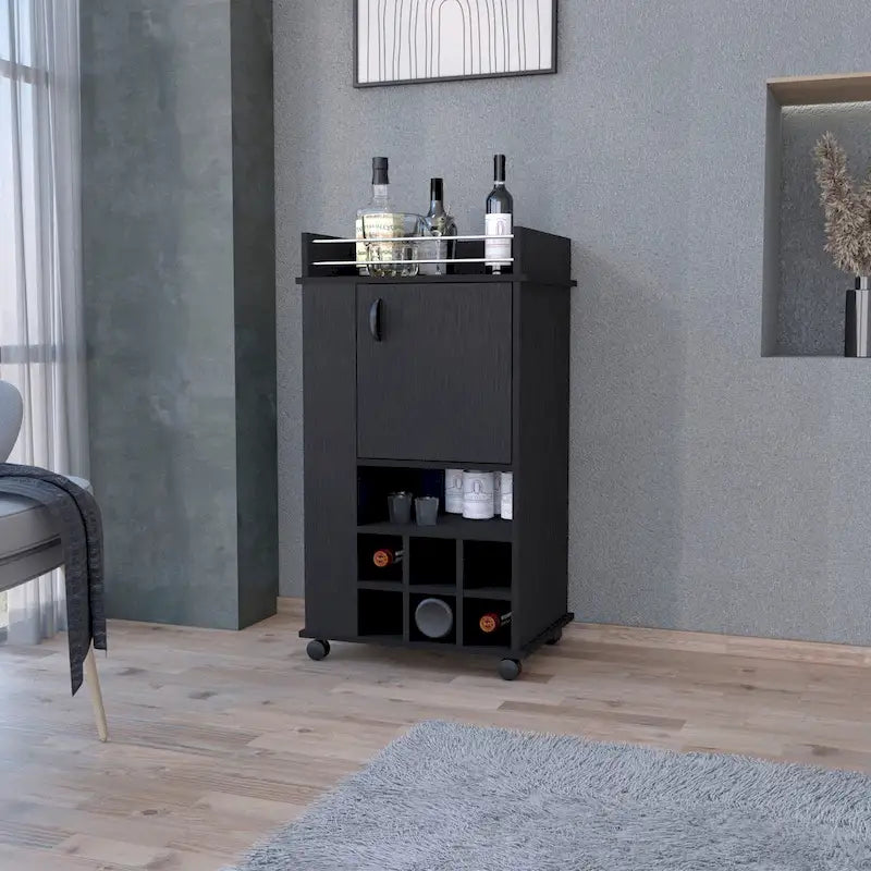 Dessertes de bar à 1 porte avec porte-bouteilles et roulettes noires