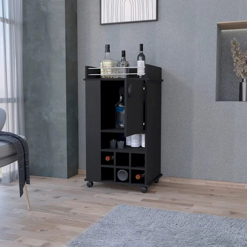 Dessertes de bar à 1 porte avec porte-bouteilles et roulettes noires