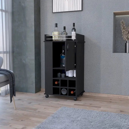Dessertes de bar à 1 porte avec porte-bouteilles et roulettes noires