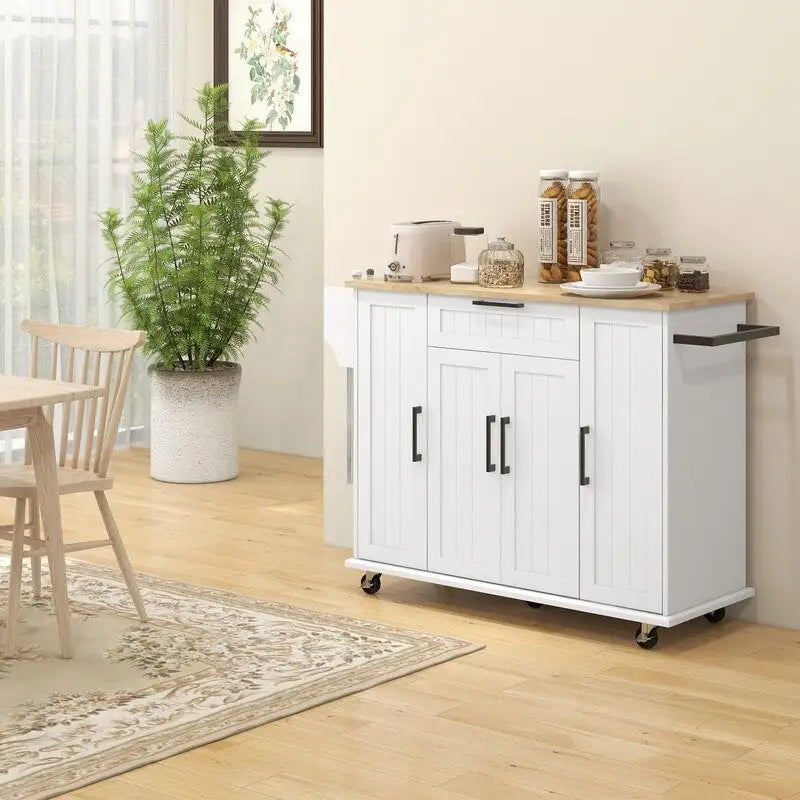 Îlot de cuisine roulant avec dessus en bois d'hévéa, porte-épices, porte-serviettes, tiroir