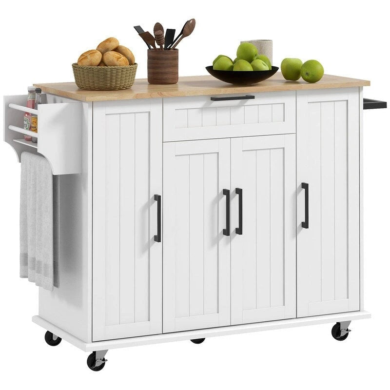 Îlot de cuisine roulant avec dessus en bois d'hévéa, porte-épices, porte-serviettes, tiroir