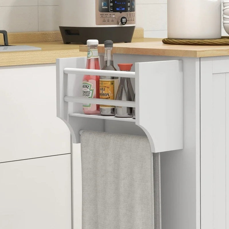 Îlot de cuisine roulant avec dessus en bois d'hévéa, porte-épices, porte-serviettes, tiroir