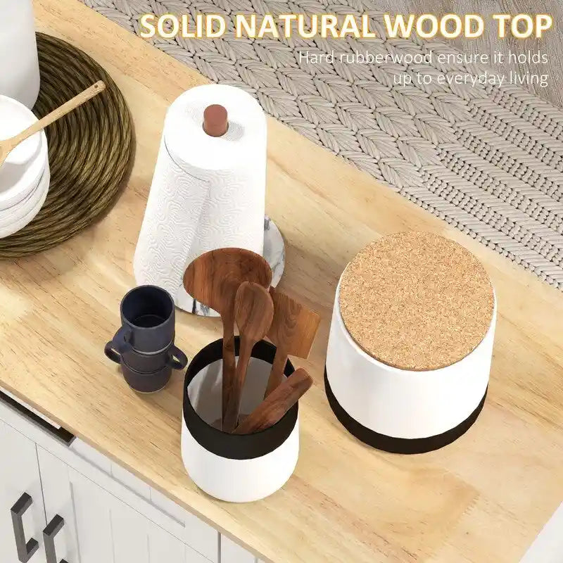 Îlot de cuisine roulant avec dessus en bois d'hévéa, porte-épices, porte-serviettes, tiroir