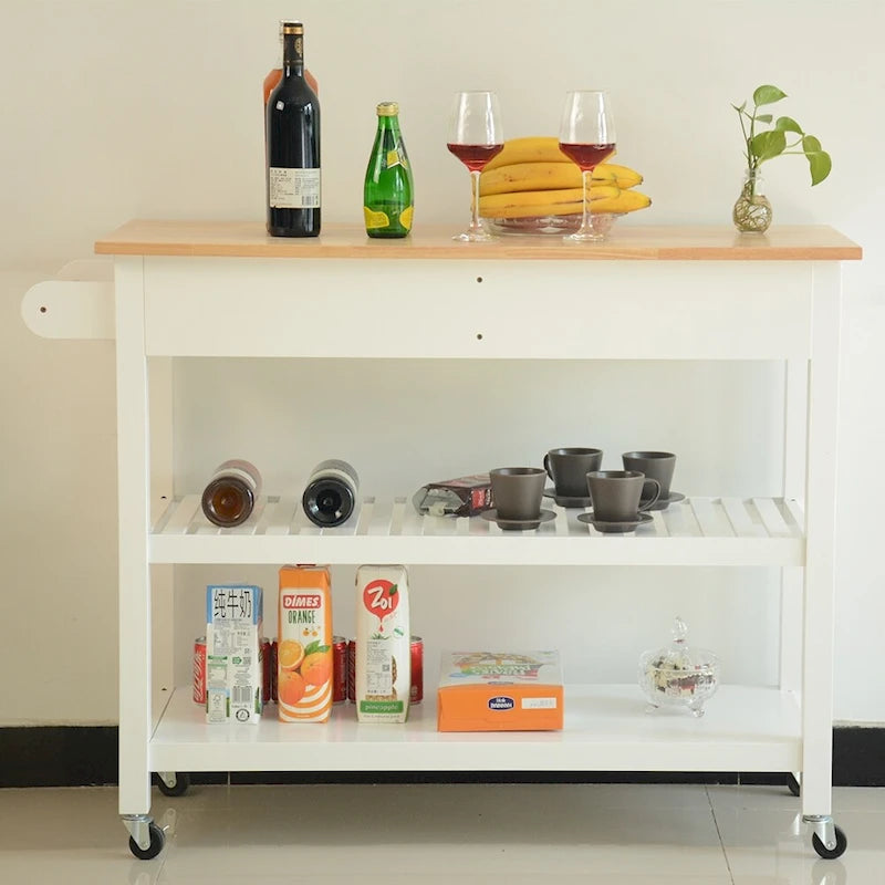 Îlot de cuisine et chariot de conception simple, doubles étagères de présentation et 2 tiroirs avec plateau en bois