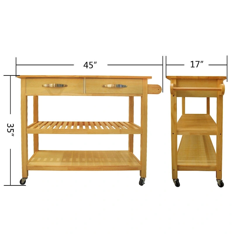 Îlot de cuisine et chariot de conception simple, doubles étagères de présentation et 2 tiroirs avec plateau en bois