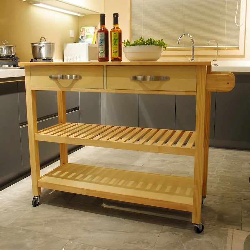 Îlot de cuisine et chariot de conception simple, doubles étagères de présentation et 2 tiroirs avec plateau en bois