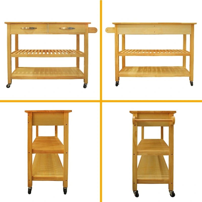 Îlot de cuisine et chariot de conception simple, doubles étagères de présentation et 2 tiroirs avec plateau en bois