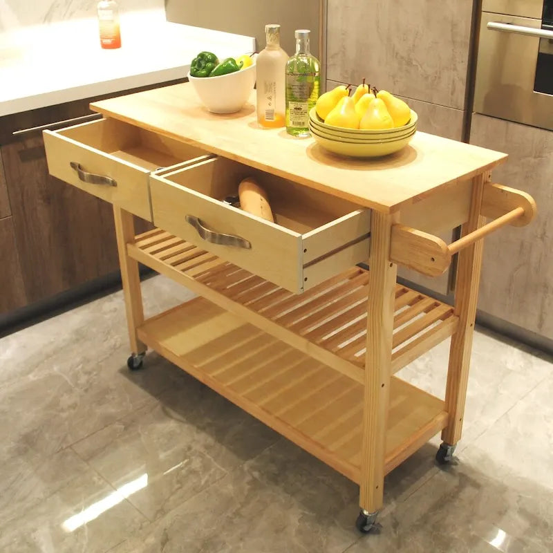 Îlot de cuisine et chariot de conception simple, doubles étagères de présentation et 2 tiroirs avec plateau en bois