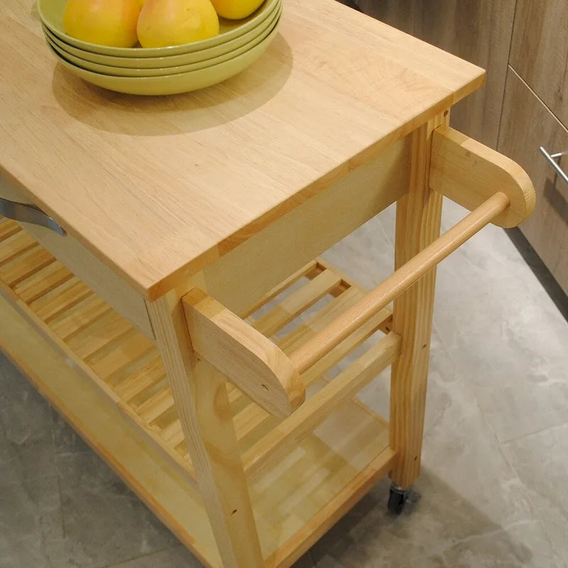 Îlot de cuisine et chariot de conception simple, doubles étagères de présentation et 2 tiroirs avec plateau en bois