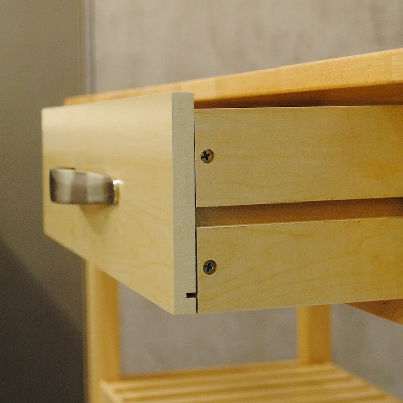 Îlot de cuisine et chariot de conception simple, doubles étagères de présentation et 2 tiroirs avec plateau en bois