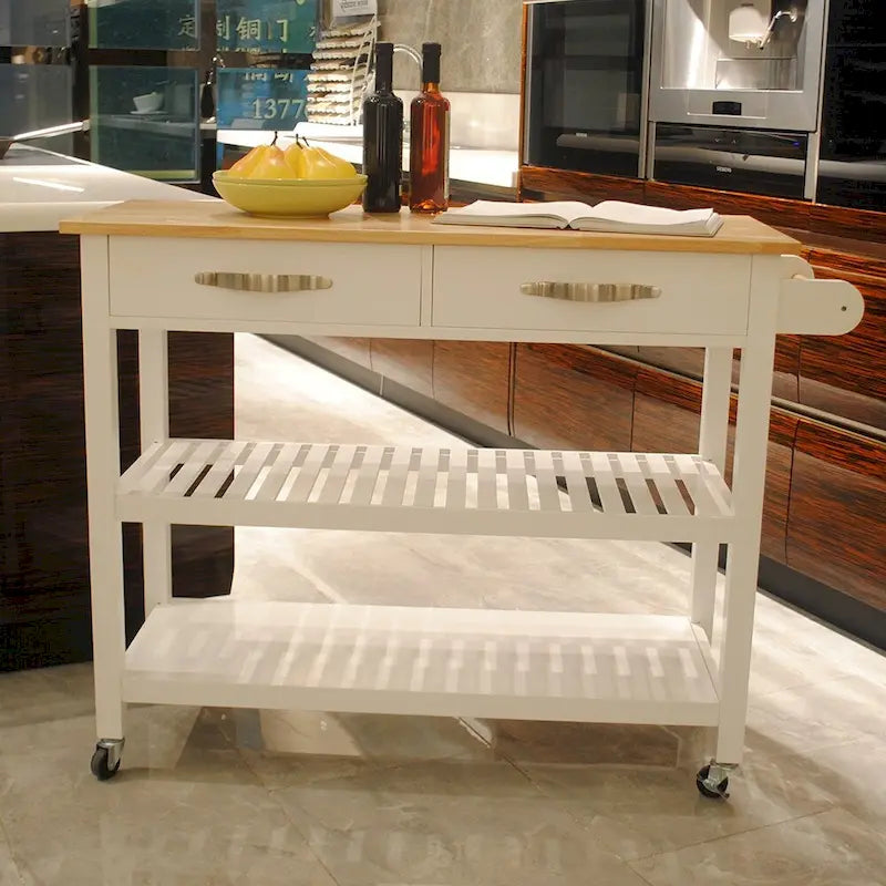 Îlot de cuisine et chariot de conception simple, doubles étagères de présentation et 2 tiroirs avec plateau en bois