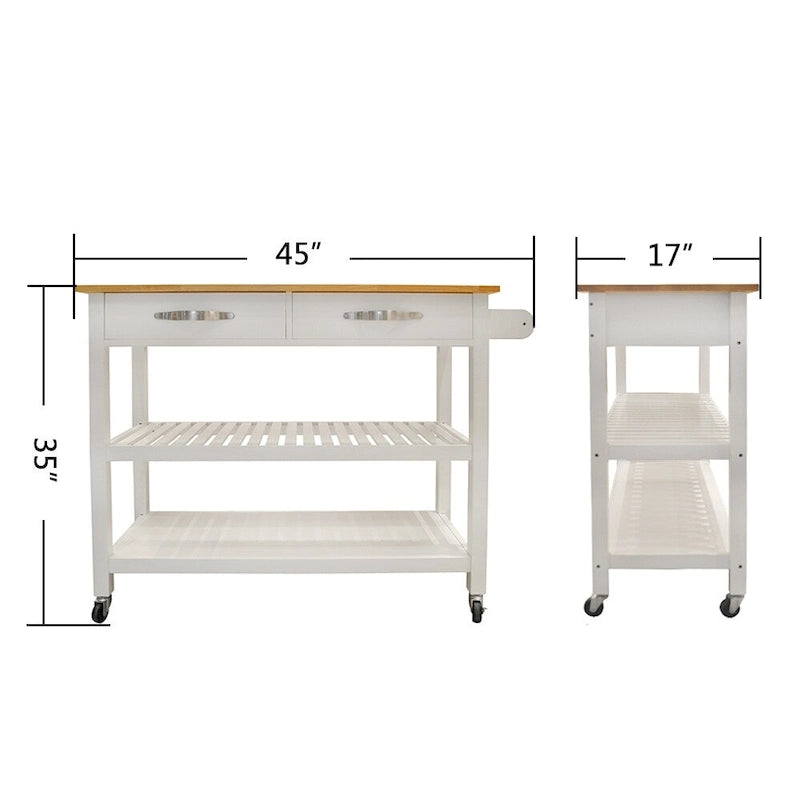 Îlot de cuisine et chariot de conception simple, doubles étagères de présentation et 2 tiroirs avec plateau en bois