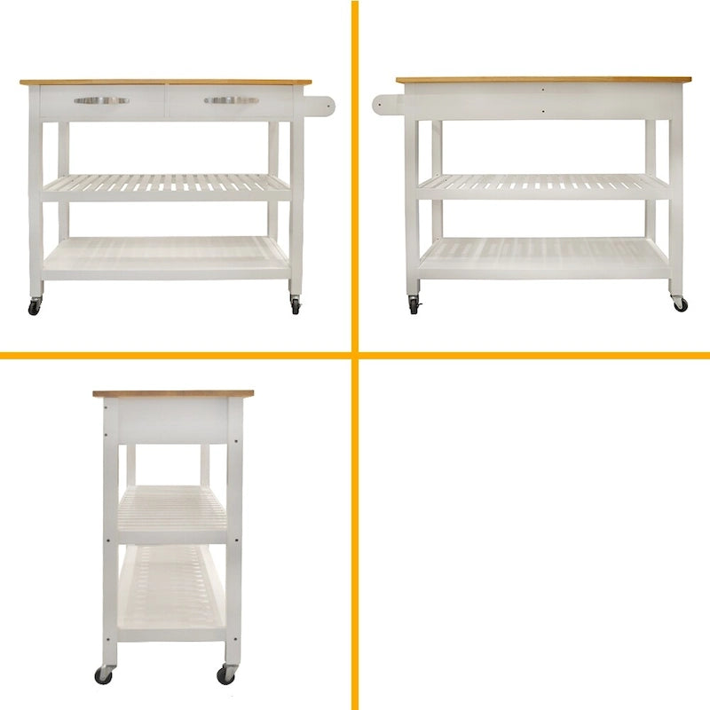 Îlot de cuisine et chariot de conception simple, doubles étagères de présentation et 2 tiroirs avec plateau en bois