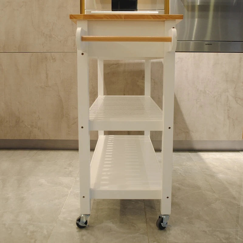 Îlot de cuisine et chariot de conception simple, doubles étagères de présentation et 2 tiroirs avec plateau en bois