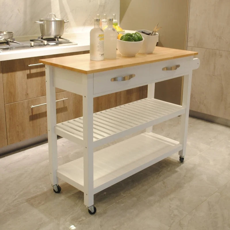 Îlot de cuisine et chariot de conception simple, doubles étagères de présentation et 2 tiroirs avec plateau en bois