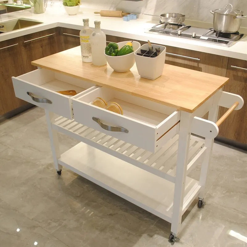 Îlot de cuisine et chariot de conception simple, doubles étagères de présentation et 2 tiroirs avec plateau en bois