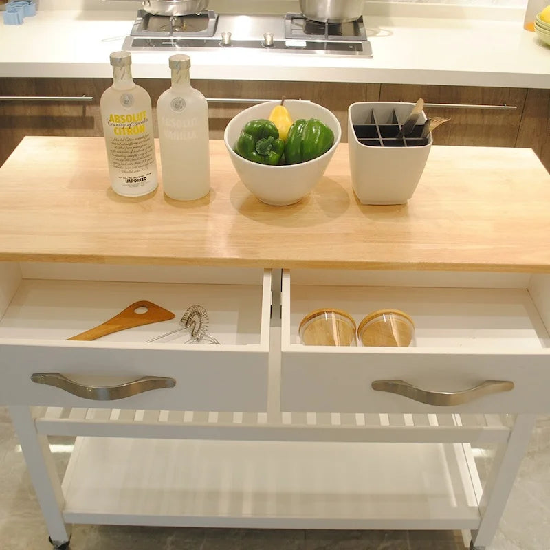 Îlot de cuisine et chariot de conception simple, doubles étagères de présentation et 2 tiroirs avec plateau en bois