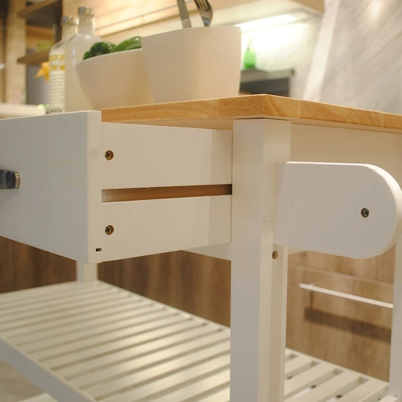 Îlot de cuisine et chariot de conception simple, doubles étagères de présentation et 2 tiroirs avec plateau en bois