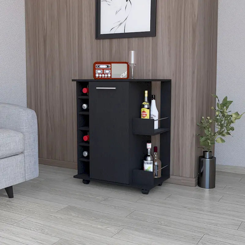 Desserte à roulettes, porte-bouteilles et étagère ouverte noirs