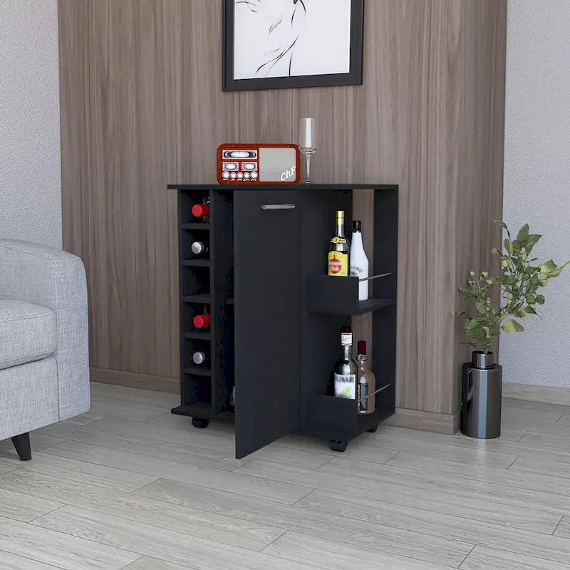 Desserte à roulettes, porte-bouteilles et étagère ouverte noirs