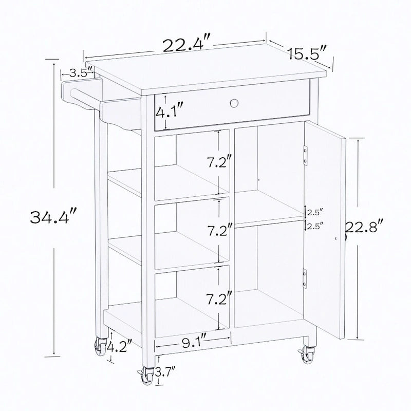 Desserte à roulettes pour îlot de cuisine avec étagères réglables et porte-serviettes - 25,98L x 15,55l x 34,06H