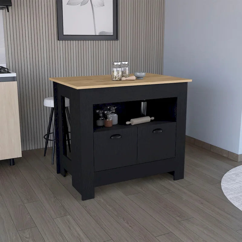 Îlot de cuisine avec meuble à deux portes et étagère pour salle à manger