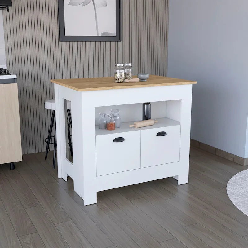 Îlot de cuisine avec meuble à deux portes et étagère pour salle à manger