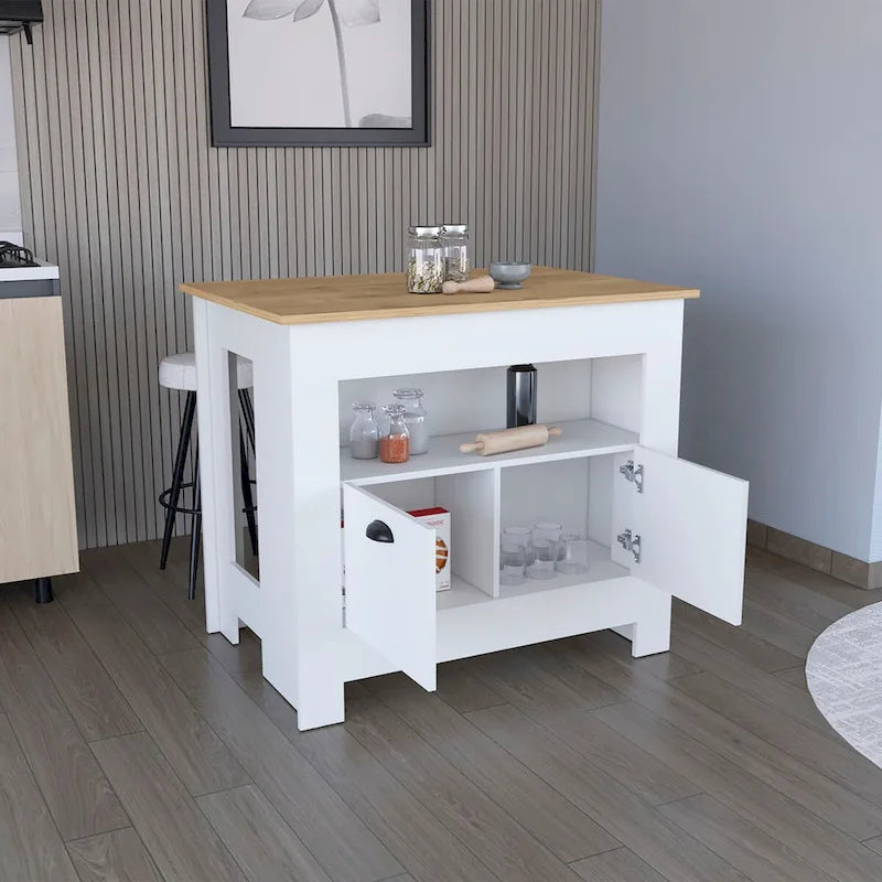 Îlot de cuisine avec meuble à deux portes et étagère pour salle à manger