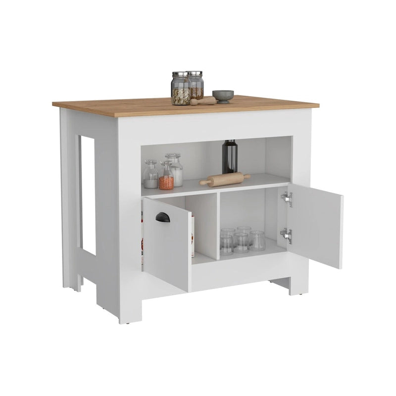 Îlot de cuisine avec meuble à deux portes et étagère pour salle à manger