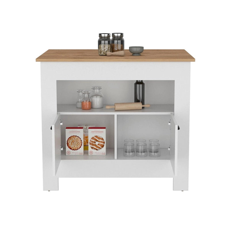 Îlot de cuisine avec meuble à deux portes et étagère pour salle à manger