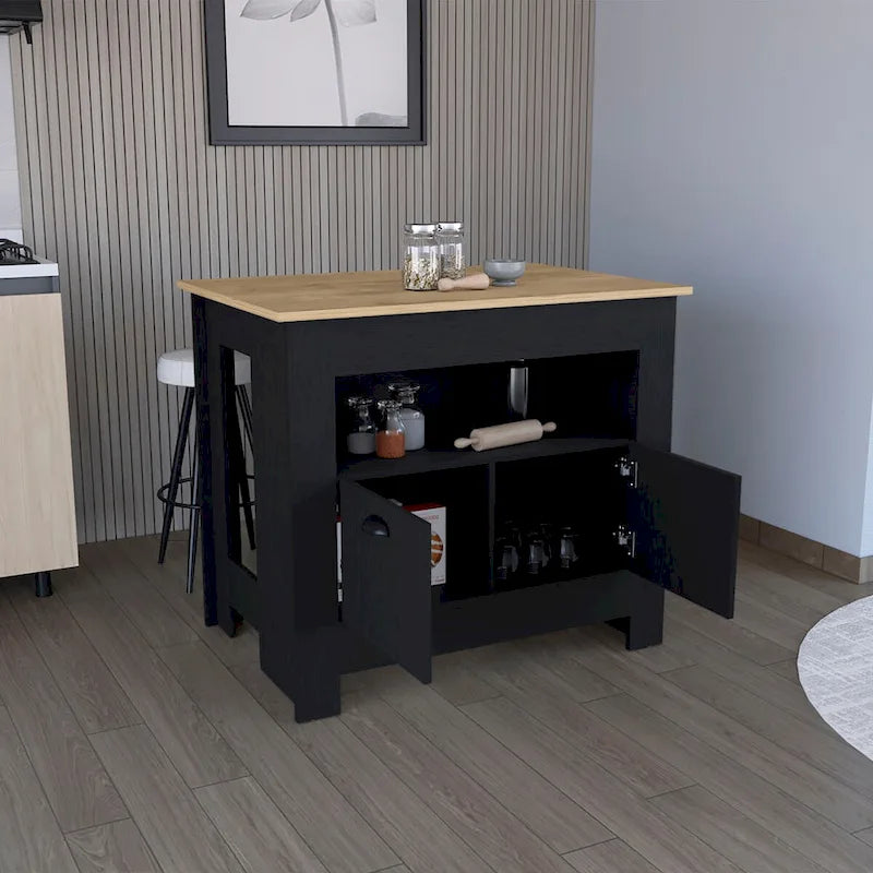 Îlot de cuisine avec meuble à deux portes et étagère pour salle à manger