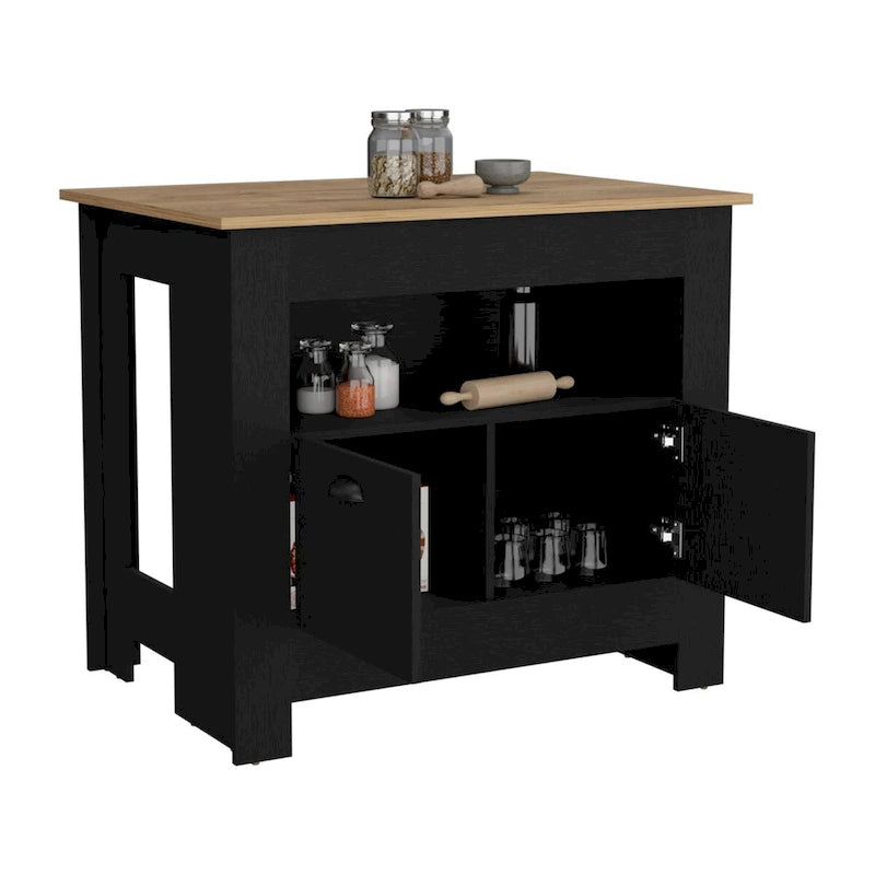 Îlot de cuisine avec meuble à deux portes et étagère pour salle à manger